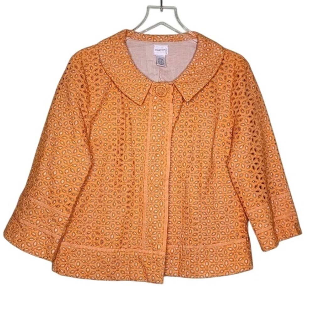 Chicos Orange Linen Blend Eyelet Button Up Jacket Size 2 Large Peter Pan Collar